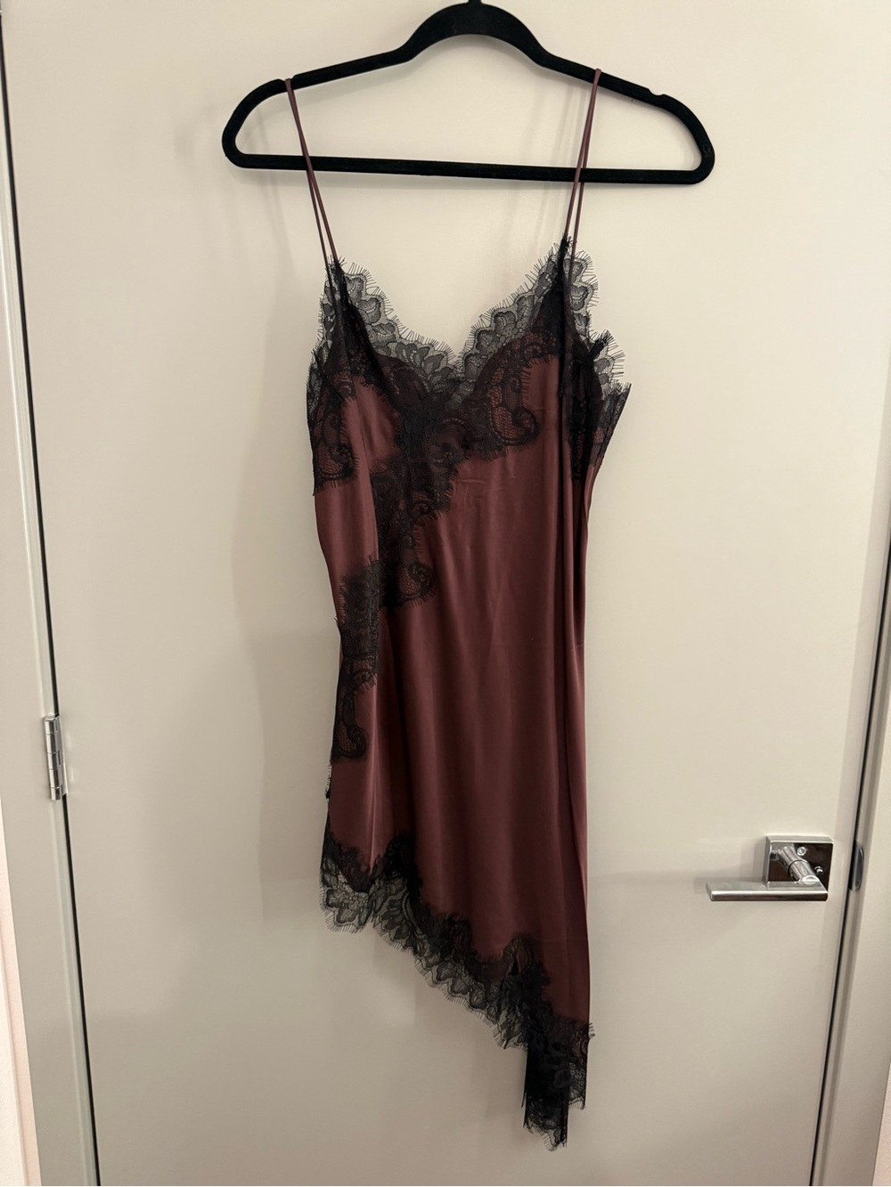 Mango Satin Slip Chemise with Black Lace in Wine